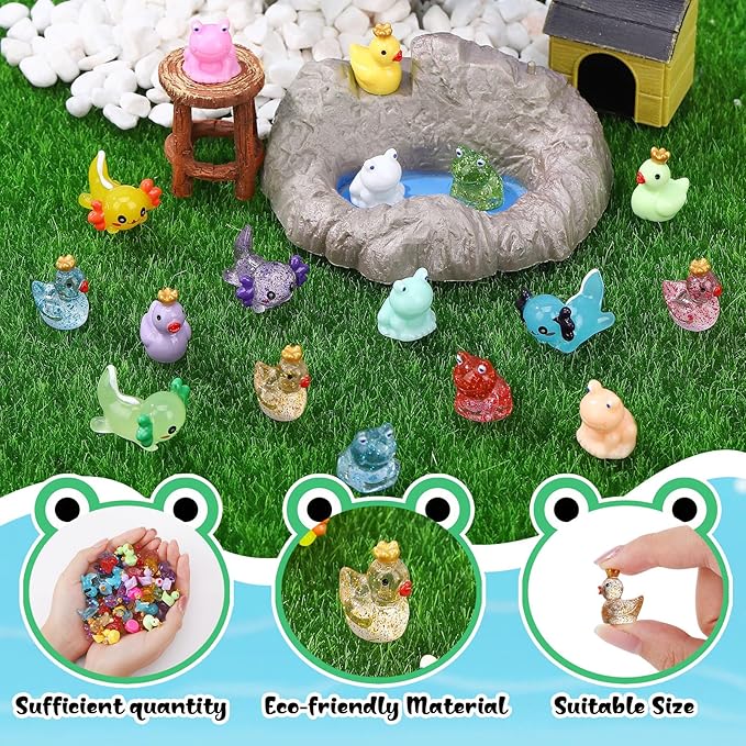 150pcs Mini Resin Animals, Miniature Animal Figurines to Hide, Tiny Resin Crown Ducks, Axolotls, Frogs for Party Favors Bag Fillers Dollhouse Decor(6 Styles)