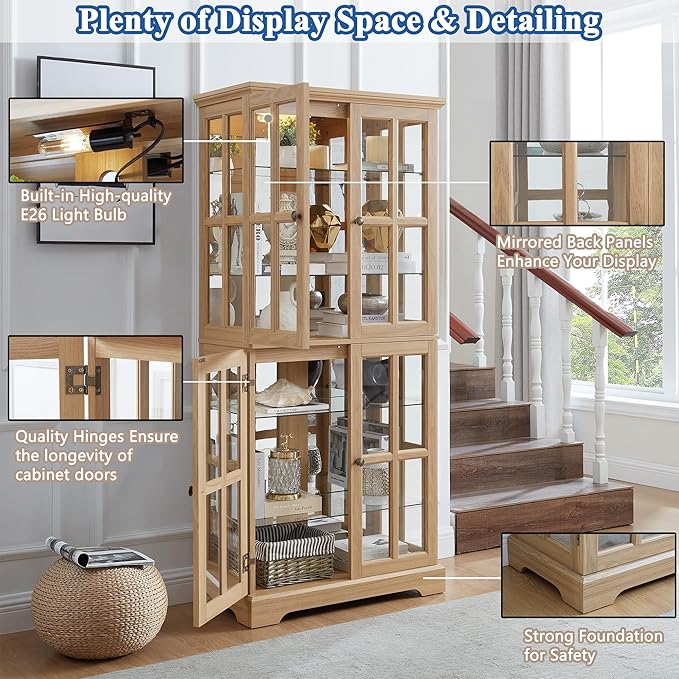 68" H Glass Curio Display Cabinet with Light, 6-Tier Wooden Storage Showcase w/ 4 Glass Doors & Adjustable Shelves, Vintage Accent Cabinet w/Mirrored Back Pane for Home & Office (Oak)