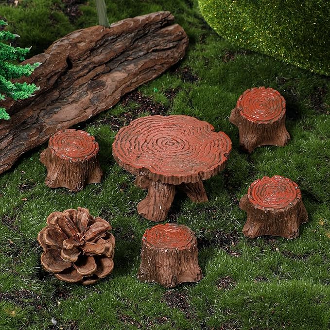 5Pcs Fairy Garden Accessories Miniature Table and Chairs Set Micro Landscape Decoration Mini Resin Village Furniture Ornaments Kit for DIY Craft Gift Dollhouse Succulents Home Outdoor Decoration