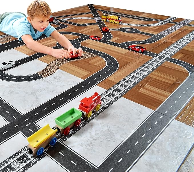 PlayTape Road Tape and Curves for Toy Cars - 1 Roll of 60 ft. x 2 in. Asphalt Road + 1 Roll of 36 Curves