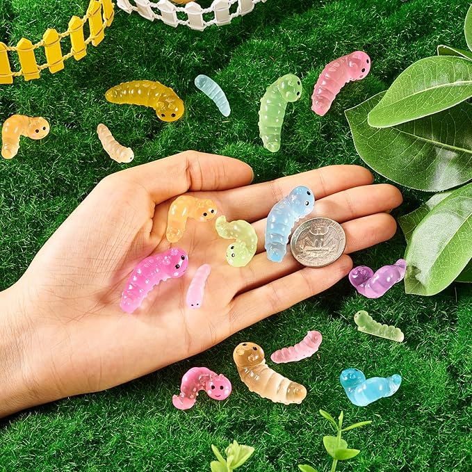 Beadthoven Luminous Mini Worm Glow in The Dark Worm Figurine Cute Miniature Animals Ornaments for Dollhouse Fairy Garden Decoration Accessories DIY Craft Micro Landscape