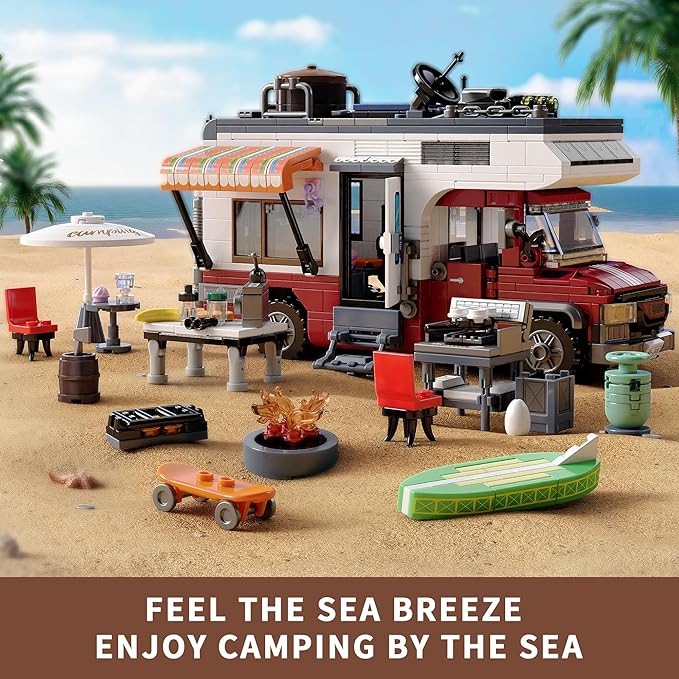 City Camper Van Building Set-Beach Camping Themed Construction Toy Kit with Mini Accessories&Lights, RV Car Model Compatible with Legos,Birthday Gift for Adults and Kids 6+(880 pcs)