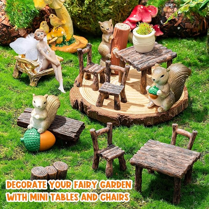 11Pieces Fairy Garden Furniture Ornaments Miniature Table and Chairs Set Village Micro Resin Bench Chair Kit for Dollhouse Accessories Home Micro Landscape Decoration (Vintage Style)