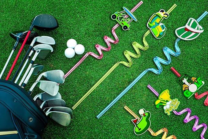MEAXUR 24pcs Golf Themed twisty Reusable Straws for Golf Party Favor Gift Bags,Daily Drinking Straws,Birthday Party,Class Reunions,Sports Golf Party supplies,With 2 Cleaning Brushes.(8color)