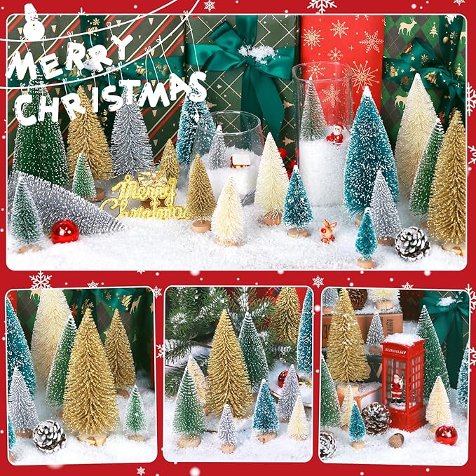30Pcs Mini Christmas Tree Decor, Artificial Christmas Tree 5 Sizes,Mini Sisal Snow Frost Trees with Wooden Base for Christmas Decor Christmas Party Home Table Craft Decorations (B/Multicolor)