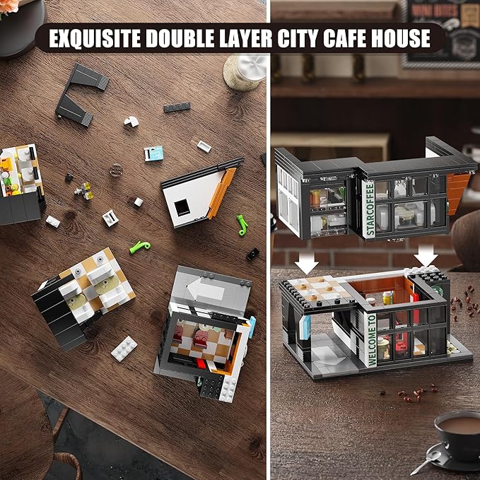 City Coffee Shop Building Block Set, 581PCS Architecture Model with Lights for Display & Decor, Realistic Cafe Toy, Christmas/Birthday Gift for Adults & Kids 8-12