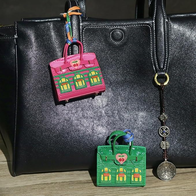 Buyborgood Women's 2 PCS Mini Tote Bag Charms Keychain Pouch Small Coin Purse Wallet (Rose Red + Green)