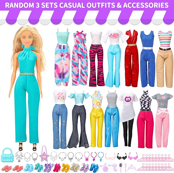 Style Shine 70 Pcs Doll Clothes and Accessories,4 Wedding Gowns 2 Evening Dresses 8 Fashion Dresses 6 Set Casual Outfit Top and Pant 2 Swimsuit,18 Hanger 10 Shoe 20 Accessories Toys for Girls Kid Gift