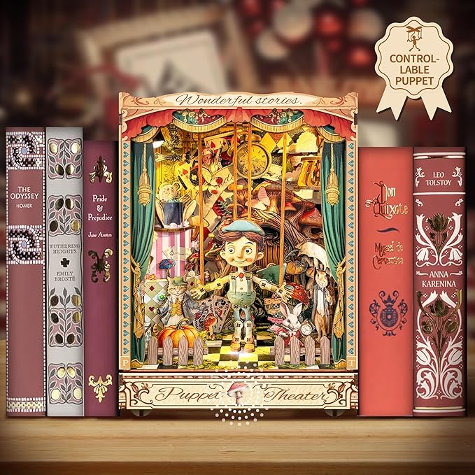 Adult Book Nook Kit, DIY Mini Dollhouse Book Corner Kit with LED Light and Dust Shield, Adult 3D Wooden Bookshelf Puzzle Book Corner Insertion Decorative Crafts - Puppet Theater (SQ-33)