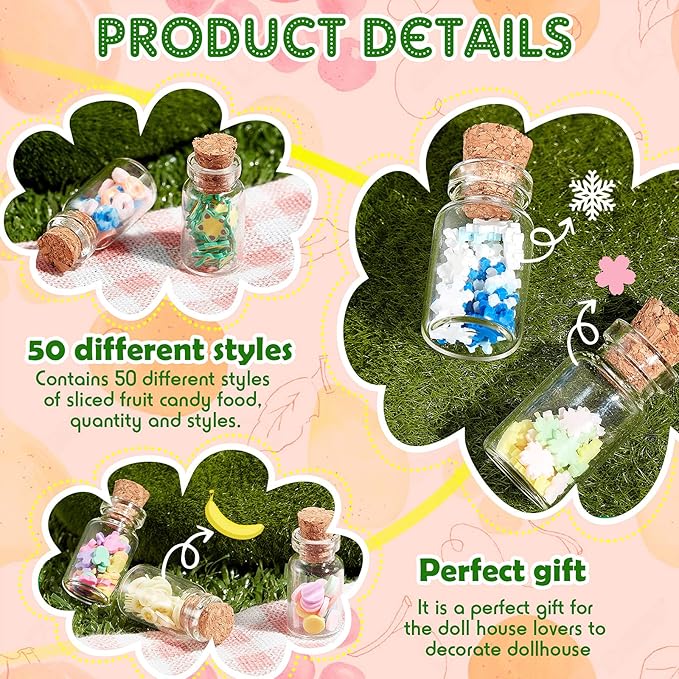 Sumind 50 Pieces Cute Miniature Dollhouse Food Jar Glass Bottle 1:12 Mini Fruit Simulation Scene Candy Snack Model Party Doll House Kitchen Decoration for Dollhouse