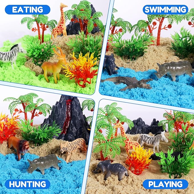 Billeeit Animal Sensory Bin Sand Toy, Play Sand Kit w/lid and 2.2lbs Moldable Sensory Sand, Molds, Tools, Map Set 35pcs Total, Fun Gift for Kids 3+
