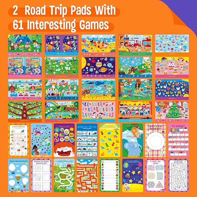 2 Travel Game Pads, 61 Dry Erase Activities Games Reusable & Erasable Book, Fun Explore & Find Brain Challenge Games Interesting Educational Toy and Learning Tool for Road Trip Airplane Travel