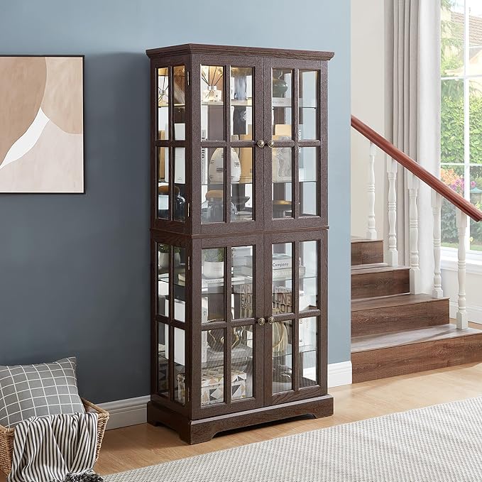 68" H Glass Curio Display Cabinet with Light, 6-Tier Wooden Storage Showcase w/ 4 Glass Doors & Adjustable Shelves, Vintage Accent Cabinet w/Mirrored Back Pane for Home & Office (Cherry)