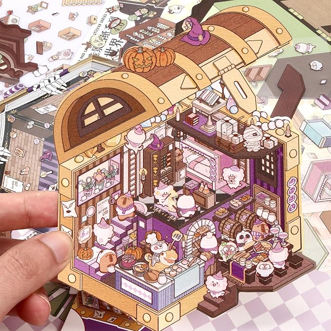 DIY 3D House Stickers, 4 Set Fun DIY Stickers Scene Make Your Own Warm Home, Supermarket, Coffee Shop, Music Bar, Cute 3D Cartoon Scene Stickers for Adult Kids Relief Stress Pass The Time (XM4.0)
