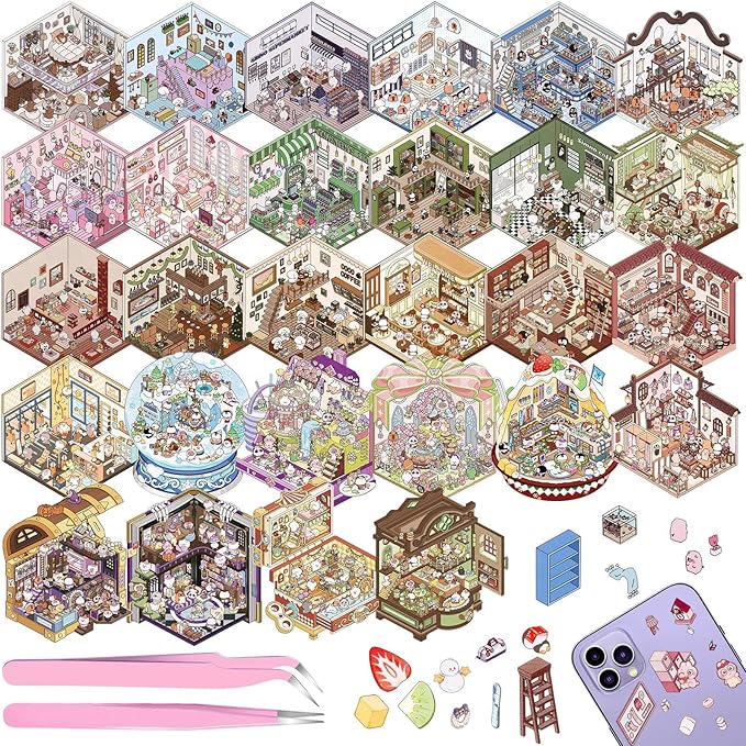 DIY 3D House Stickers Scene, 28 Set Fun DIY Sticker Therapy,Make Your Own Cute 3D Miniature Stickers Scene Sticker for Adult Kids for Relief Stress Pass The Time