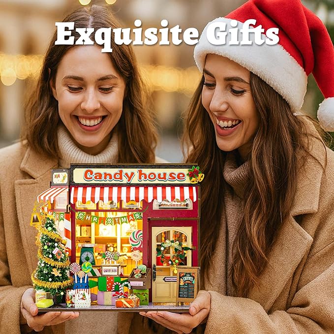Flever DIY Miniature House Kit, Tiny Home Kit with LED Light, Mini House Build Craft Kits for Adults and Teens, Home Decor Creative Gift for Family/Friends (Christmas Candy House)