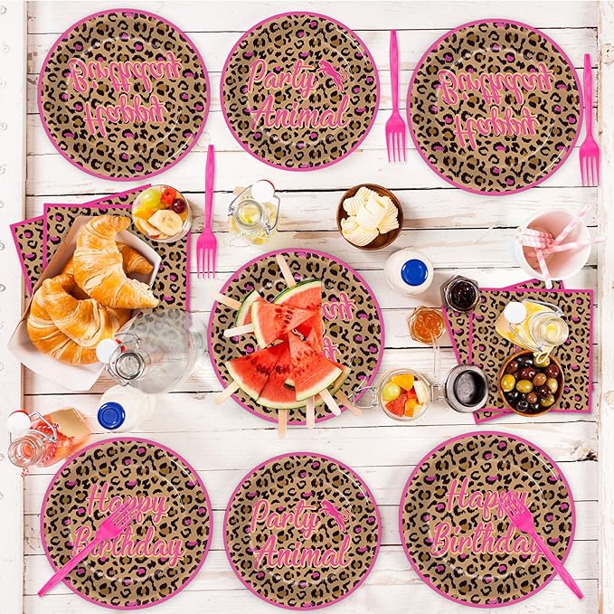 96Pcs Leopard Print Party Decorations Hot Pink Cheetah Print Birthday Themed Tableware Safari Animal Plates Napkins Forks Jungle Leopard Dinnerware Supplies for Baby Shower Birthday Serves 24 Guests