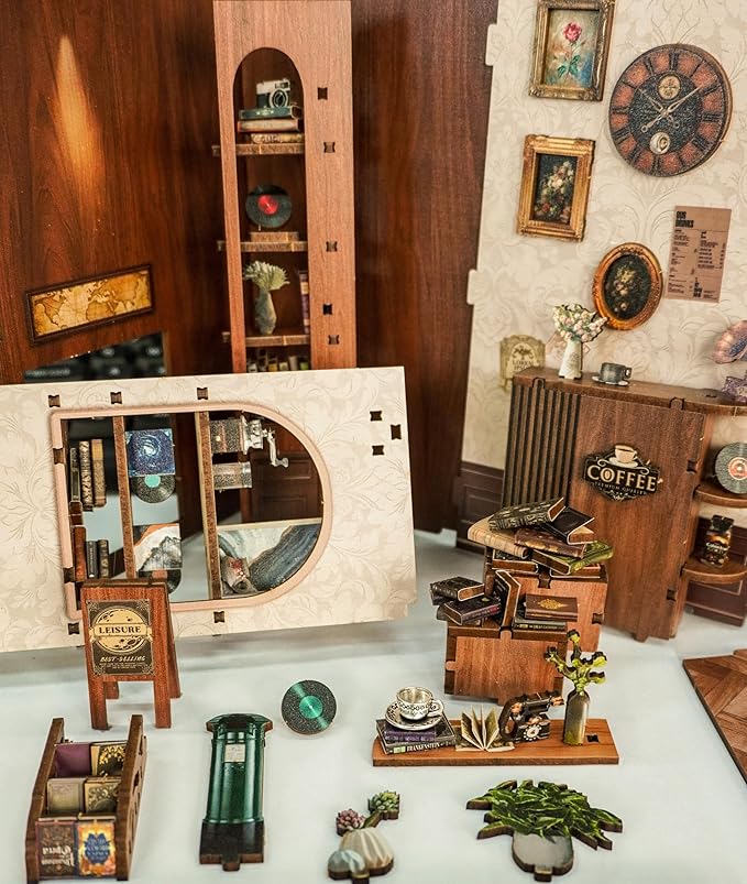 Book Nook Kit for Adults 3D Puzzle Miniature House Kit for Women Craft Lovers Booknook Bookshelf Decor DIY Model Kit with LED Light-Moments in Time(SQ-45)