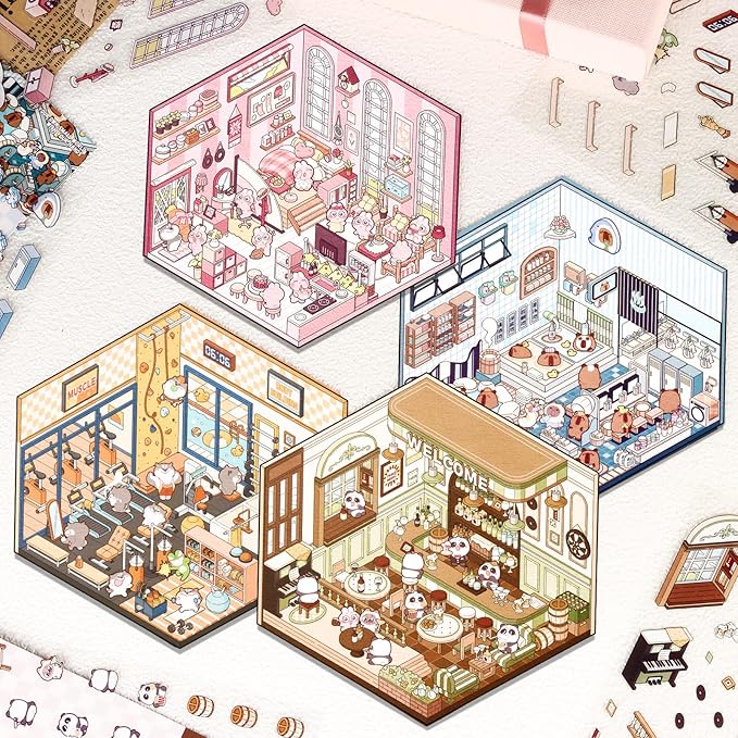 DIY 3D House Stickers, 4 Set Fun DIY Stickers Scene Make Your Own Warm Home, Supermarket, Coffee Shop, Music Bar, Cute 3D Cartoon Scene Stickers for Adult Kids Relief Stress Pass The Time (XM2.0)