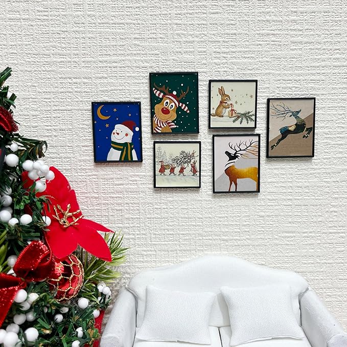 SAMCAMI Miniature Dollhouse Accessories Christmas, Mini Wall Art, 1/12 Scale Accessories, Dollhouse Miniatures, 12 Pieces