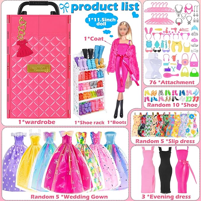 104 Piece Fashion Doll Wardrobe Playset with Poseable 11.5" Doll & 104 Accessories | ASTM-Certified Pretend Play Gift Set for Girls Ages 3+