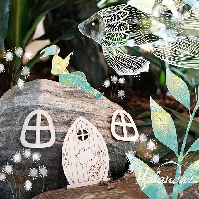 Halandar 56 Pcs Fairy Door & Window Craft Kit - Wooden Garden Doors, Mini Fences, Unpainted Miniature Accessories for Home Party Event Decor - DIY Fairy House Decorations (Classic)