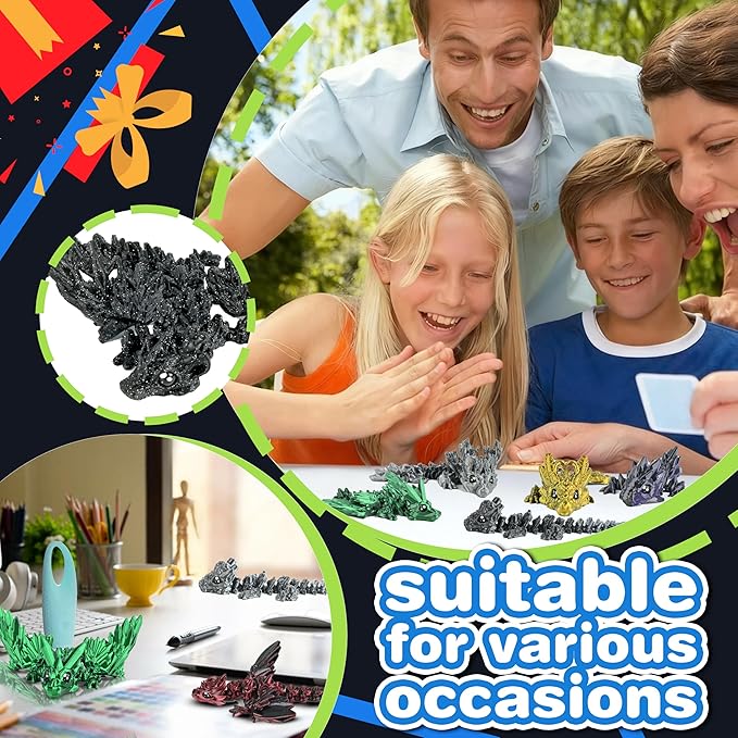 12PCS 3D Printed Dragon Set – Black Series Articulated Crystal Dragons, Cool Fidget Toys & Desk Decor, Unique 3D Printed Animals, Vibrant Gift for Teens, Adults, Party Favors