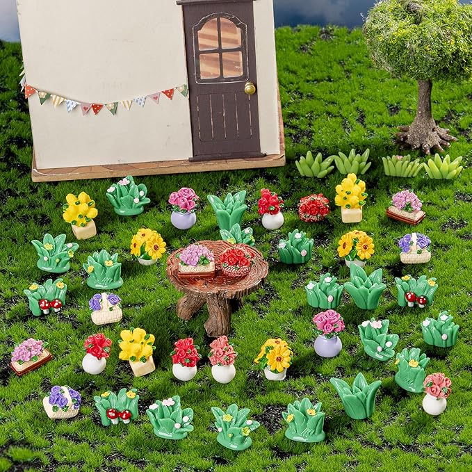 42Pcs Miniature Dollhouse Plants Set,Artificial Resin Flowers & Grass Clumps,DIY Micro Garden Decor for Fairy Gardens,Terrariums,Mini Landscape
