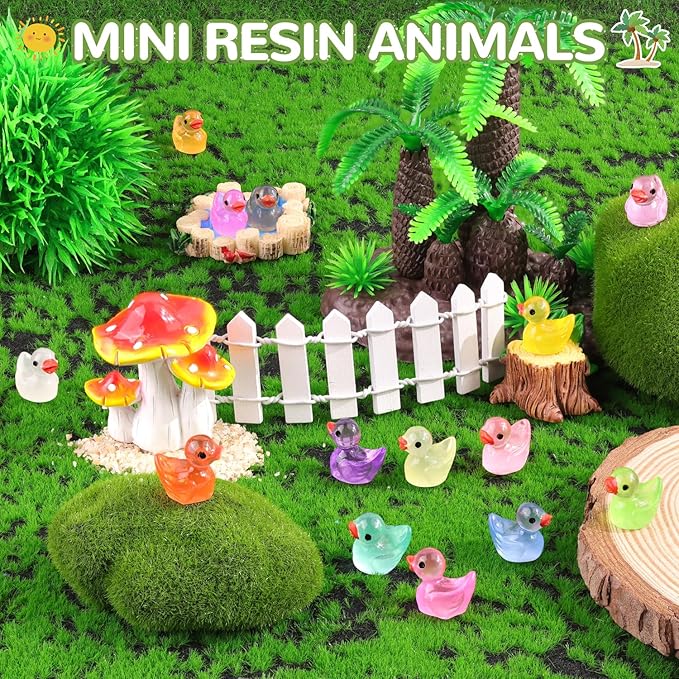200PCS Mini Resin Animals Cute Tiny Ducks Glow in Dark,Miniature Duck Figures to Hide,Little Animal Small Figurines Bulk for Topper Desk Garden Dollhouse Landscape Ornaments DIY Crafts & Decor