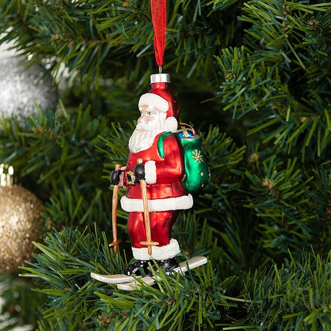 Every Day is Christmas Glass Blown Ornaments Cute Hand Made Figurines Tree Decoration, Ski Santa