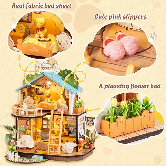 Rolife DIY Miniature House Kits Puppy's Cozy Villa, DIY Crafts for Adults Miniature Model Set, Tiny House Duplex Villa with Puppy, Hobbies & Birthday for Friends (230PCS)