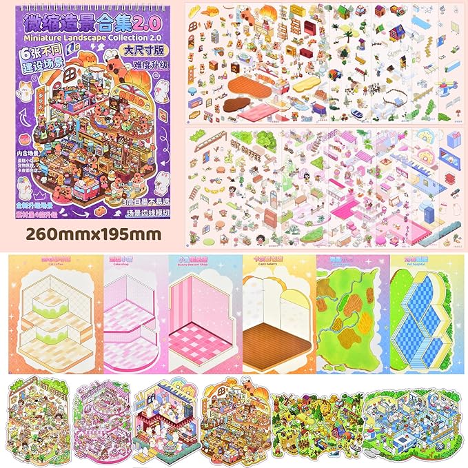 DIY 3D Fun Large Animal House Scene Stickers Book with Tweezers Make Your Own Food Store Pet Hospital Island Sticker Scenes Cute Micro Stickers for Relief Stress Pass The Time(6 Designs)