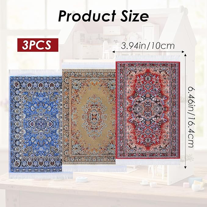 Dollhouse Rugs 3 Pcs Miniature Accessories, 1/12 Vintage Woven Dollhouse Rug, Mini Carpet for Dollhouses Furniture, Mini Floral Print Carpet for Doll House Floor Decor(Blue, Yellow, Red)