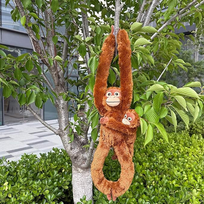 2pcs Orangutans Hanging Stuffed Animal Mother with Baby Hangs Plush Toys, Hooks and Stuffed Animals with Rings for Kids, Gifts for Boys and Girls（Red）