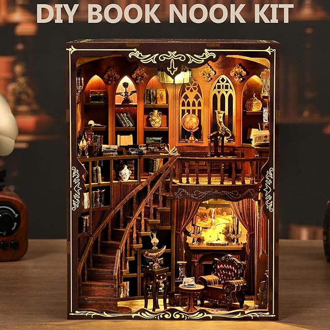 ISSEVE Book Nook Kit - DIY Miniature House Kit Book Nooks for Adults, Dollhouse Booknook Library Tiny House Bookshelf Decor 3D Wooden Puzzle Model Building Craft Kits Gift (Ancient Rhyme Library)
