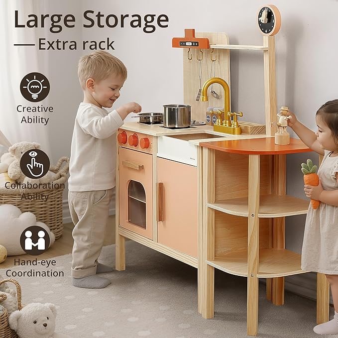 Pillowhale 2-in-1 Wooden Play Kitchen with Storage Rack, Kids Pretend Cooking Set w/Sink, Stove, Microwave & 8 Accessories, Montessori Toddler Kitchen Toy Gift for Boys & Girls Age 3+ (Red)