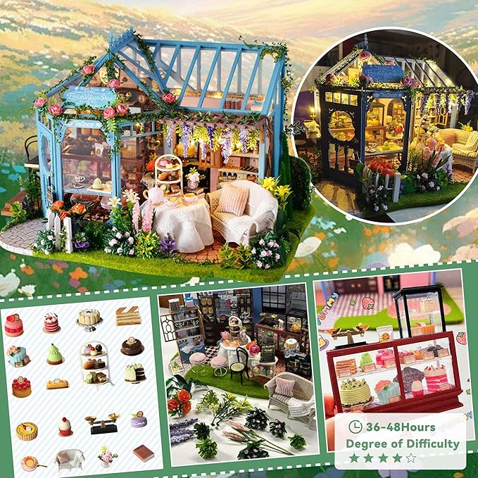 Flever Dollhouse Miniature DIY House Kit Creative Room with Furniture for Romantic Artwork Gift-Rose Garden Tea House