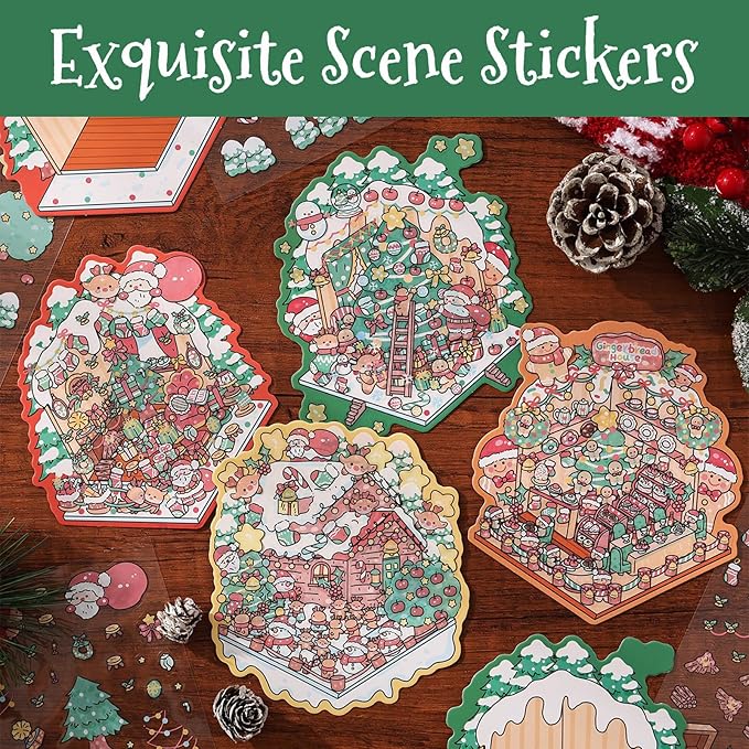 Christmas Scene Sticker DIY Set Include 4 Sticker Kits with Background Card & Tweezer: Winter Xmas Cottage 3D Miniature Room Therapy Gift Creative Play Present for Kids, Adults Stress Relief Pass Time