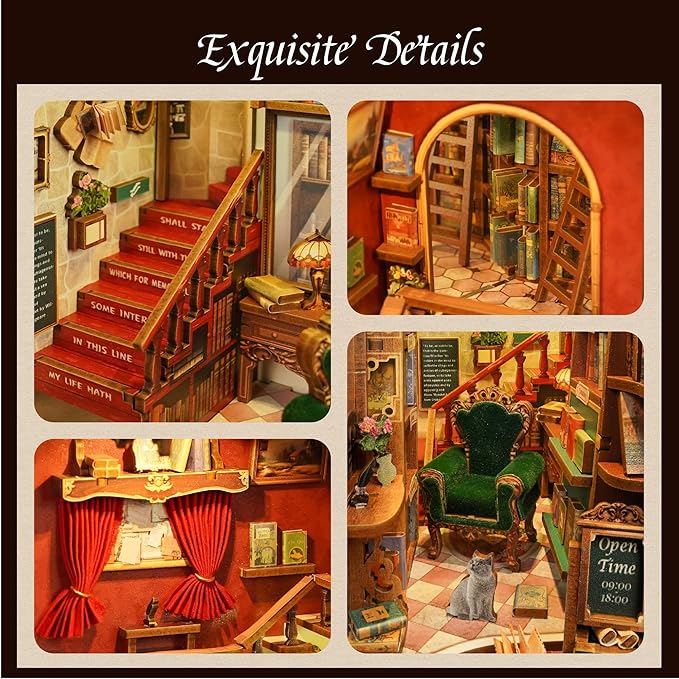 Tonecheer DIY Book Nook Kit for Adults, 3D Wooden Puzzle Bookend Bookshelf Insert Library Bookstore Model Decor, Booknook Miniature Dollhouse with Sensor LED Light for Gifts (Left Bank Bookstore)