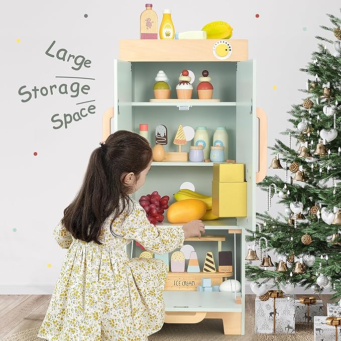 Pillowhale Wooden Play Refrigerator with Ice Maker – Mint Green Kids Fridge Toy, 4 Wooden Ice Cubes & Cup, Quiet Click Handle, Montessori Pretend Play for Toddlers 3+