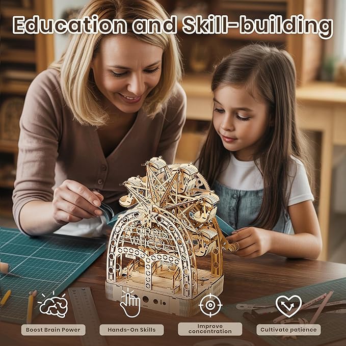 3D Wooden Puzzles for Adults: 3D Puzzle Light-Up Ferris Wheel with Music Box - 222psc Wooden Puzzles Model Building Kits Fun Gifts for Adult with Storage Box - Hobbies for Men Women（Large）