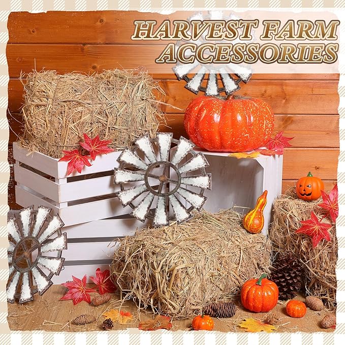 6 Pack Halloween 13 x 9 x 6 Inch Straw Hay Bale Stack Decoration Set Rustic Wooden Wagon Wheel Natural Hay Bales Boxes Western Cowboy Birthday Decor Photo Booth Props