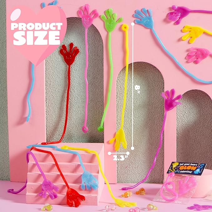 JOYIN 36 Packs Valentine Day Glow Sticky Hands with Card Headers for Kids Party Favor, Classroom Exchange Prizes, Valentine’s Day Greeting Cards, Party Favors and Exchange Gifts