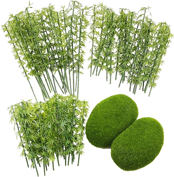 Woohome Miniature Bamboo Trees, 60 PCS Model Bamboo Trees Landscape Bamboo Tree and 2 PCS Fake Moss Rocks Decorative Moss Balls Model Artificial Plants for Home Decoration, Fairy Gardens