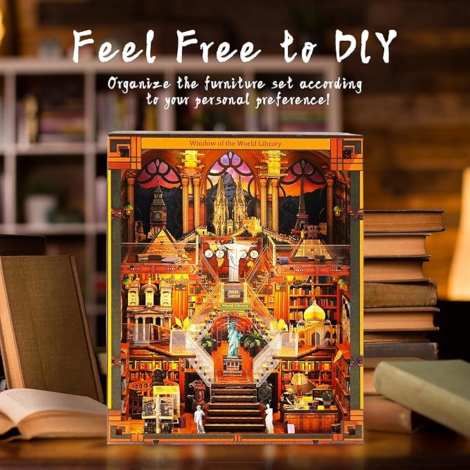 Book Nook Kits for Adults – The World Library Booknook – 3D Wooden Puzzle with LED Lights – Creative Bookshelf Insert & Educational Gift for Book Lovers & DIY Enthusiasts