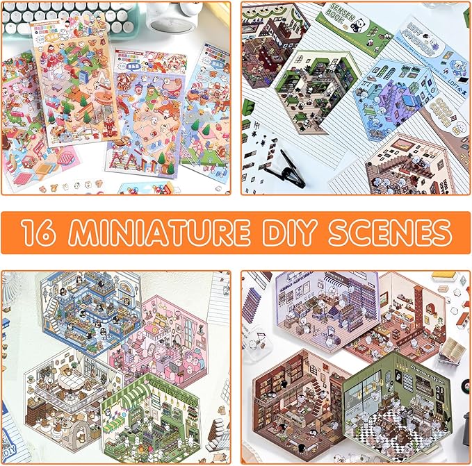 DIY 3D House Sticker, Creative 3D Stickers Scene, Fun 3D House Sticker Set, Decorative 3D Room Sticker, Cartoon 3D Miniature Scene Stickers for Adults Kids to Make Your Own Mini Room Scenes (Set 2)