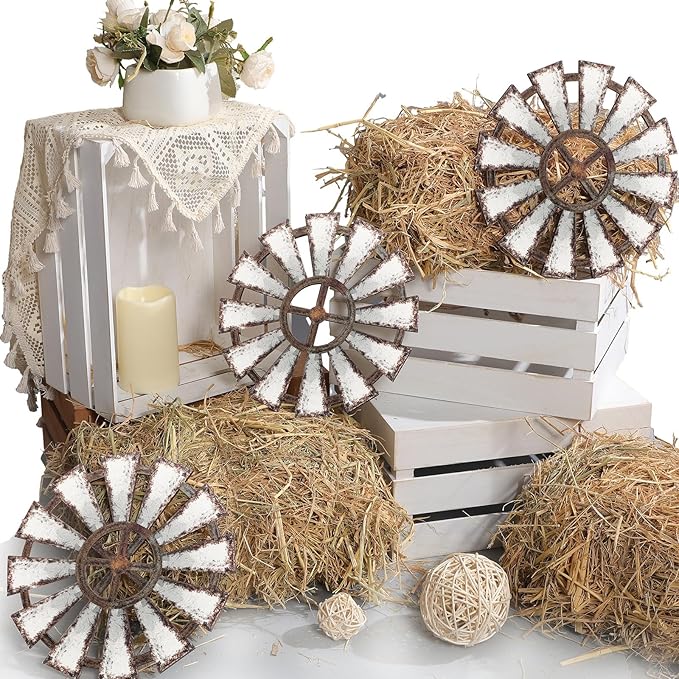 9 Pack Halloween 13 x 9 x 6 Inch Straw Hay Bale Stack Decoration Set Rustic Wooden Wagon Wheel Natural Hay Bales Boxes Western Cowboy Birthday Decor Photo Booth Props