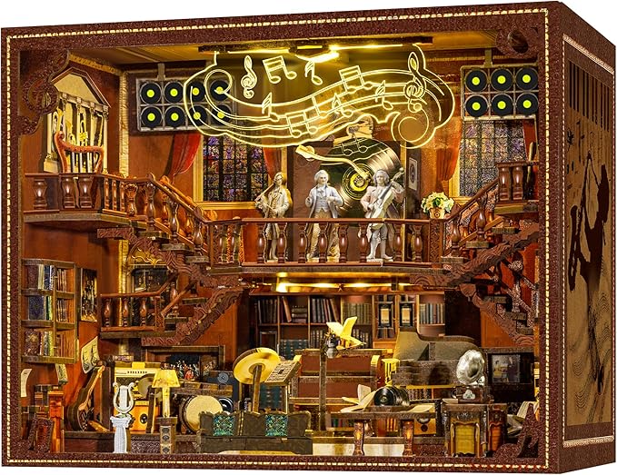 Book Nook Kit - 3D Wooden Puzzle with LED Lights - DIY Booknook for Adults and Teens - Bookshelf Insert Decor - Educational Gift for Family & Friends（Maestro's Study）