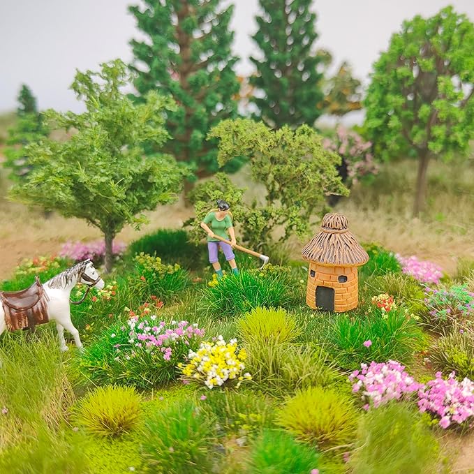 gdeplok 140 Pcs Static Grass Tufts & Miniature Flower Clusters - Artificial Grass Terrain Scenery Kit for Model Train Railway, Military Sand Table, DIY Diorama Landscape