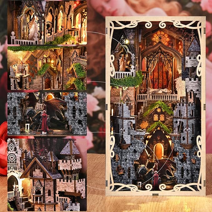 DIY Book Nook Kit for Adults, 3D Wooden Puzzle Bookend Bookshelf Insert Decor with LED Light and Dust Cover (Sleeping Beauty)